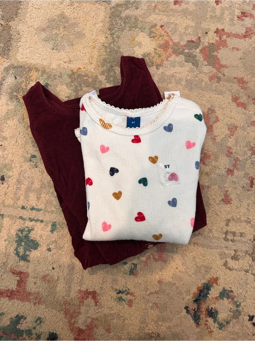 Kids Heart Print White Knit Top with Maroon Layering Tank - 5T